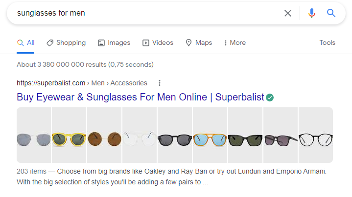 zonnebrillen voor mannen in google search